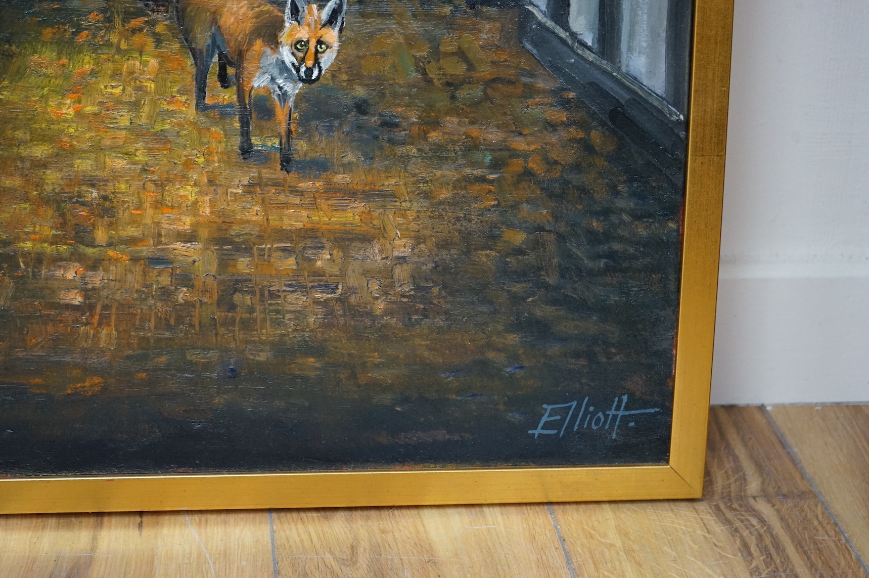 Robin Alexander Elliott (b.1936), oil on canvas, ‘Foxy gentleman visits The Pantiles at Tunbridge Wells’, signed, inscribed verso, 90 x 65cm. Condition - good